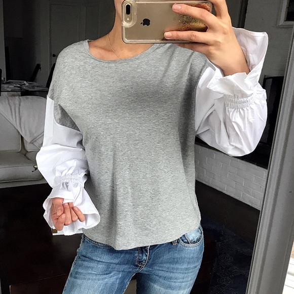 Fleur Bleve Tops - Grey White Blouse with Ruffled Sleeves! 🔘